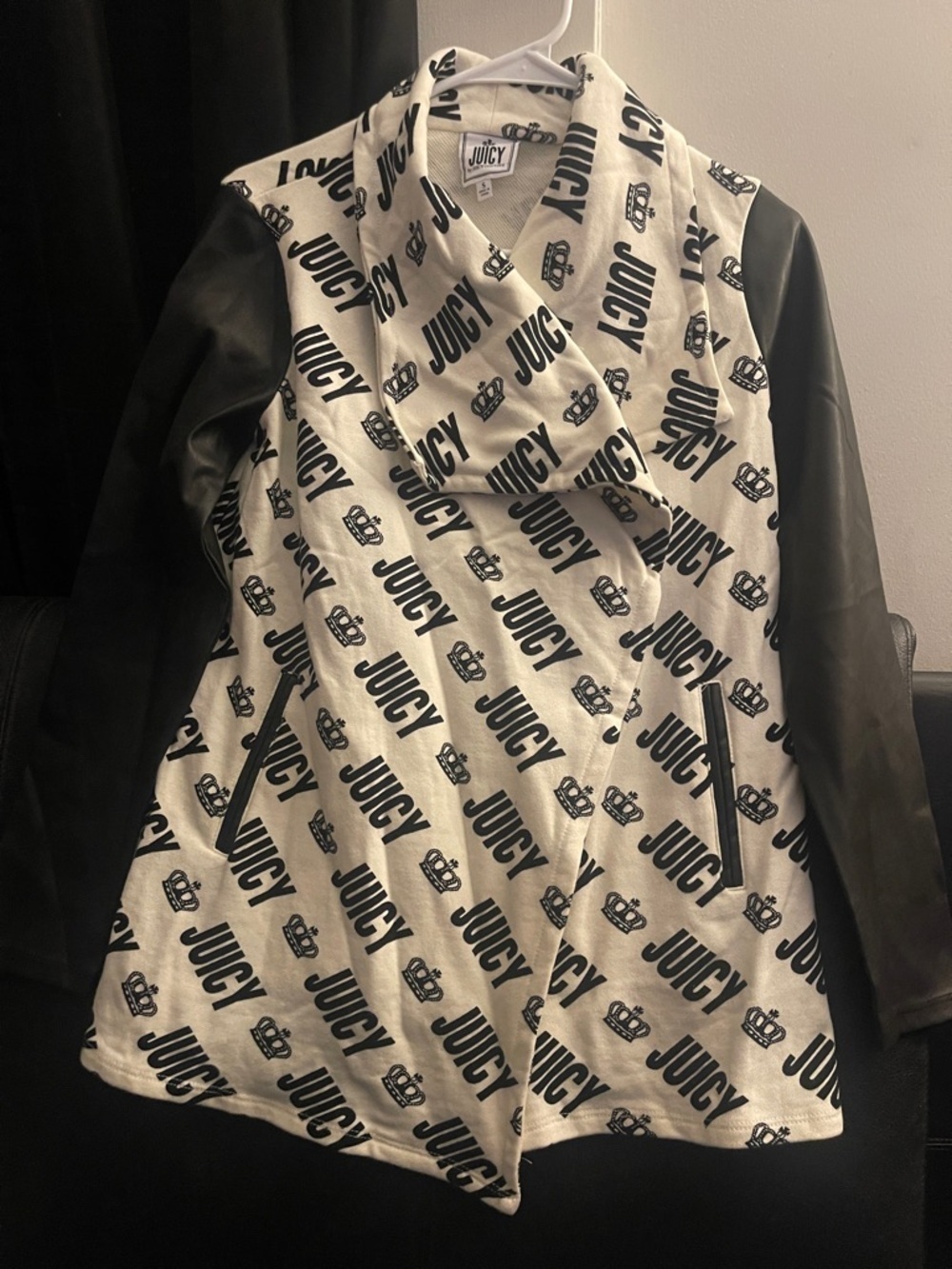 Juicy Couture logo print jacket w/shawl collar vegan leather sleeves Size S NWOT